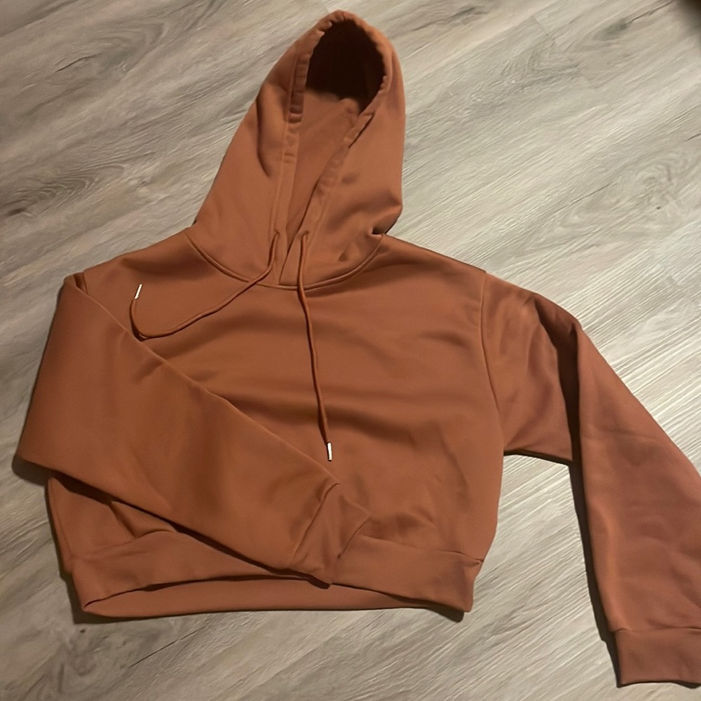 This is a reddish-brown, hooded, crop top, from SHIEN and is size medium.